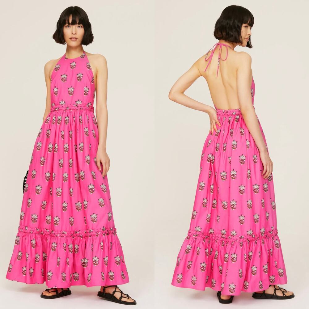 Rhode Salena Halter Maxi Dress In Marigold Flower Hot Pink Size Small